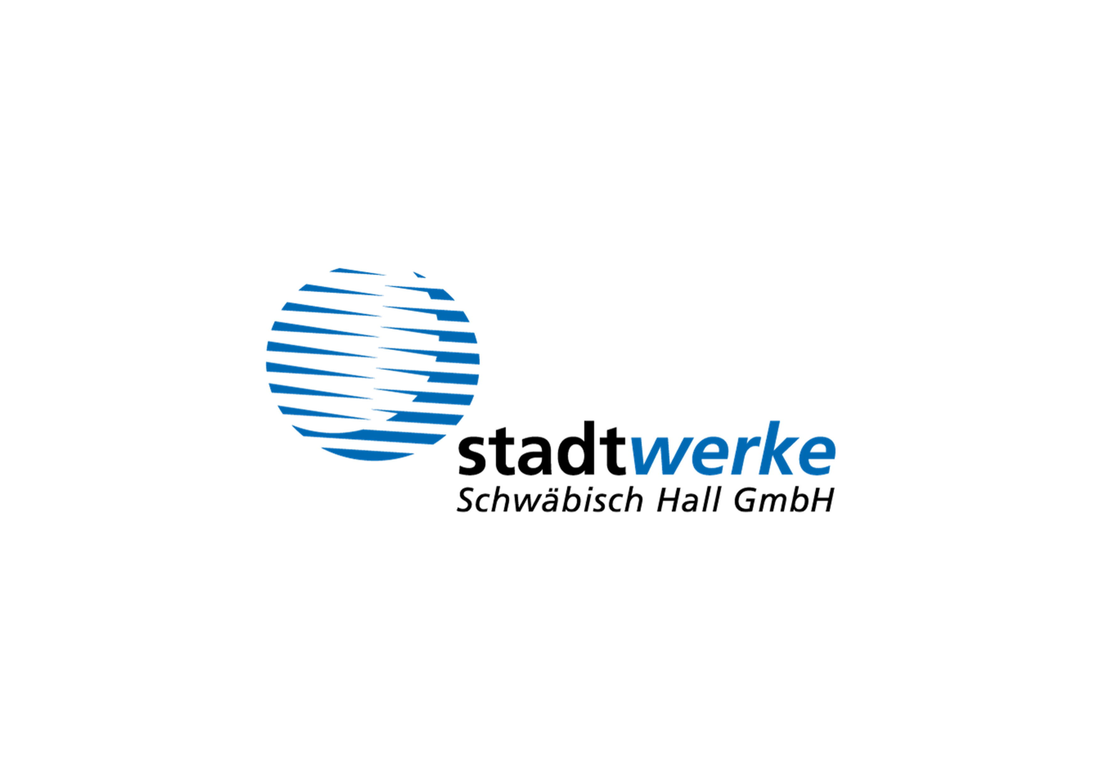 Logo der Stadtwerke Schwäbisch Hall GmbH. Neben dem Schriftzug ist ein blaues, rundes Symbol mit waagerechten Linien dargestellt.
