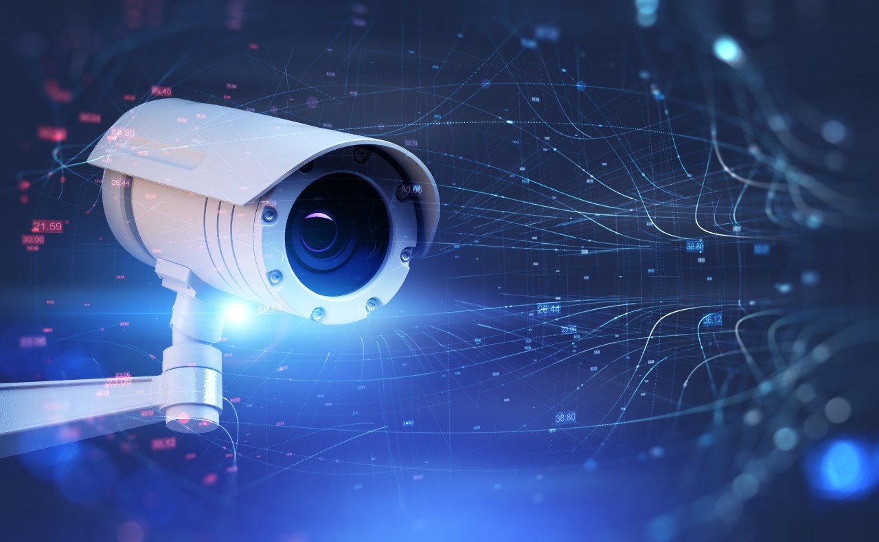 Street camera for surveillance and glowing network interface. Concept of monitoring and data. 3d rendering toned image double exposure